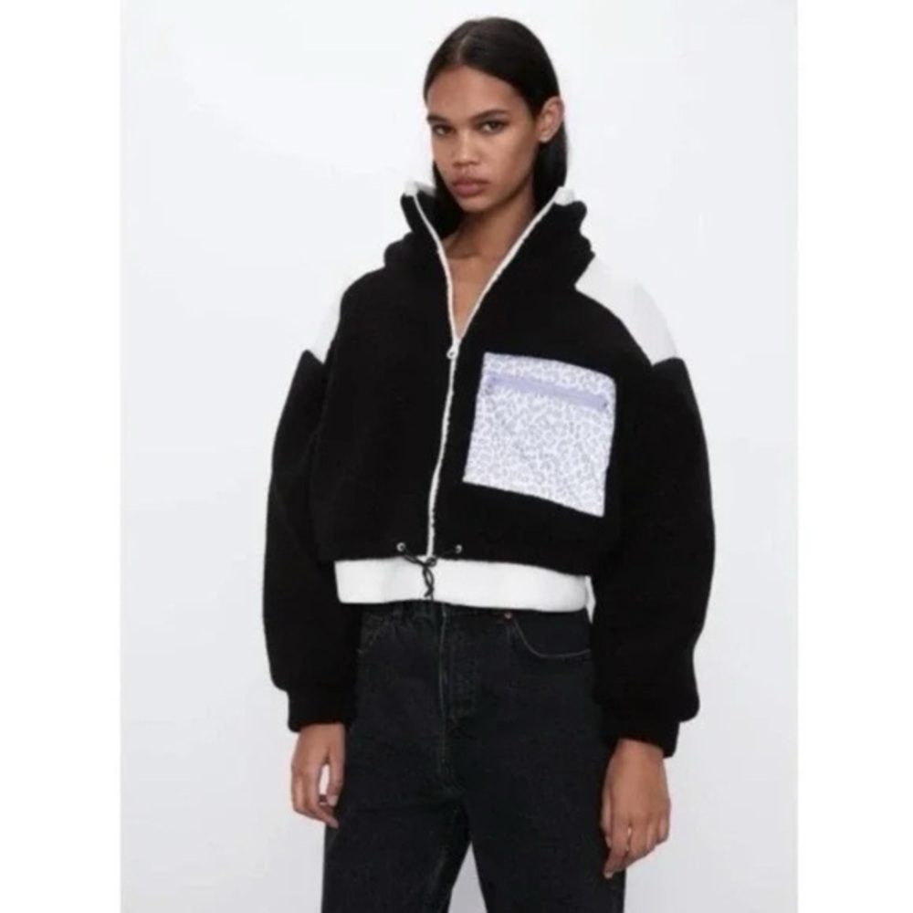Zara Teddy Fleece & Neoprene Zip Front Jacket XS